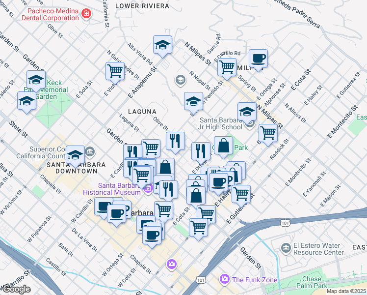 map of restaurants, bars, coffee shops, grocery stores, and more near 809 Olive Street in Santa Barbara