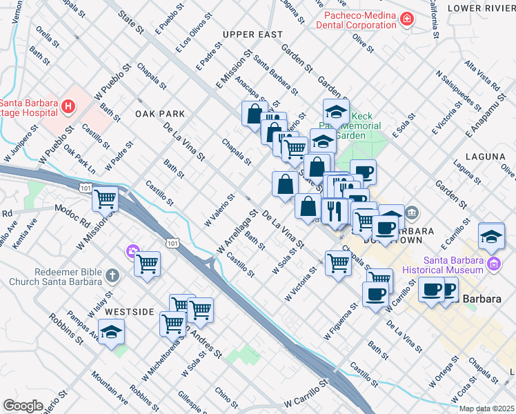 map of restaurants, bars, coffee shops, grocery stores, and more near 206 West Arrellaga Street in Santa Barbara