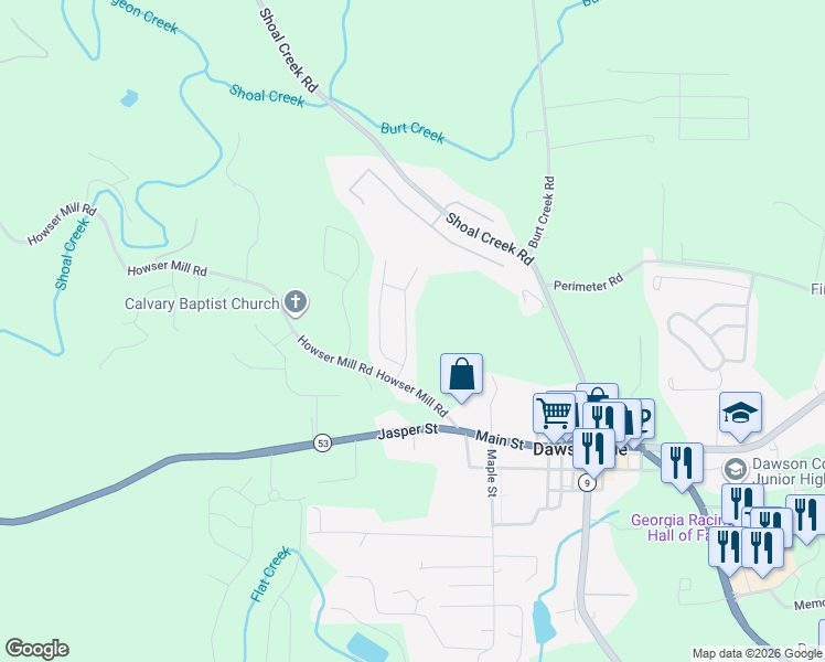 map of restaurants, bars, coffee shops, grocery stores, and more near 110 Mill Stone Drive in Dawsonville
