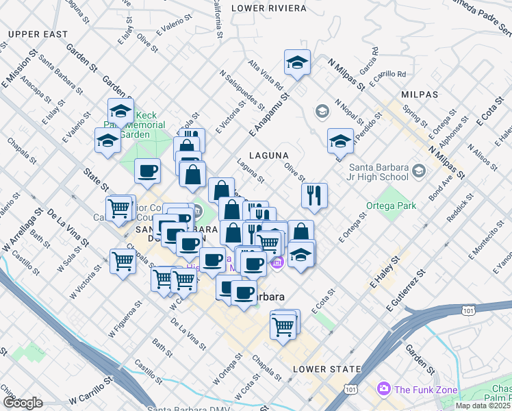 map of restaurants, bars, coffee shops, grocery stores, and more near 305 East Carrillo Street in Santa Barbara