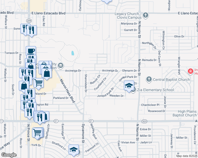 map of restaurants, bars, coffee shops, grocery stores, and more near 1709 Belvoir Circle in Clovis