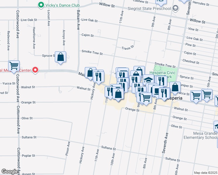 map of restaurants, bars, coffee shops, grocery stores, and more near Main Street in Hesperia
