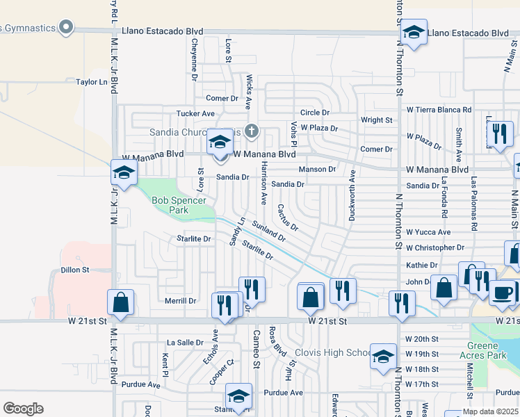 map of restaurants, bars, coffee shops, grocery stores, and more near 2712 Harrison Ave in Clovis