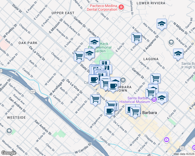 map of restaurants, bars, coffee shops, grocery stores, and more near 1324 State Street in Santa Barbara