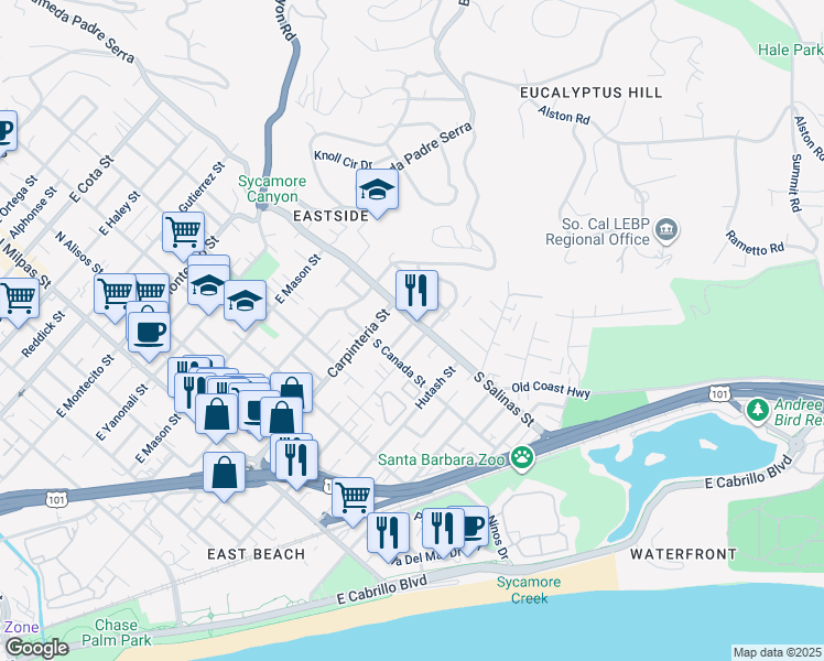 map of restaurants, bars, coffee shops, grocery stores, and more near 1328 Ensenada Avenue in Santa Barbara