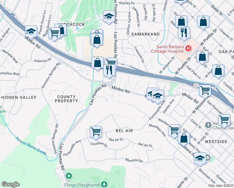 map of restaurants, bars, coffee shops, grocery stores, and more near 2541 Modoc Road in Santa Barbara