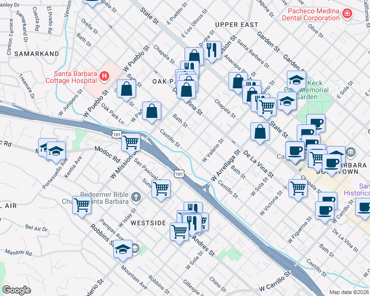 map of restaurants, bars, coffee shops, grocery stores, and more near 334 West Islay Street in Santa Barbara