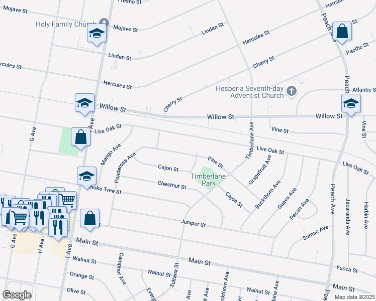 map of restaurants, bars, coffee shops, grocery stores, and more near 17872 Pine Street in Hesperia