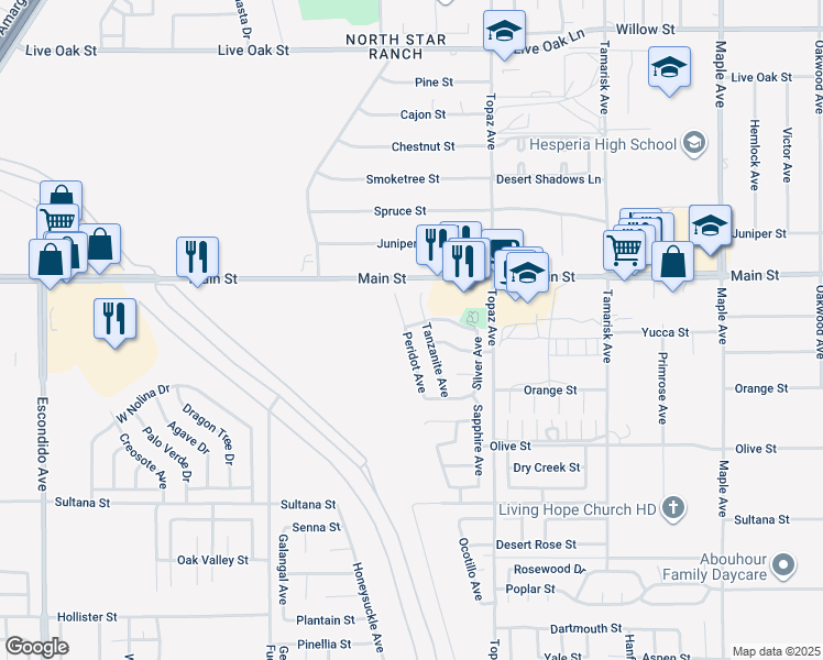 map of restaurants, bars, coffee shops, grocery stores, and more near 9603 Peridot Avenue in Hesperia