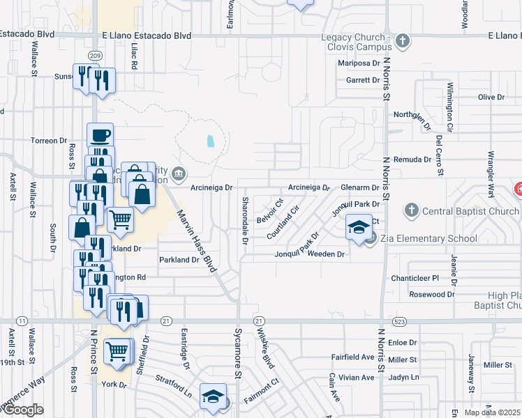 map of restaurants, bars, coffee shops, grocery stores, and more near 1517 Grayson Court in Clovis