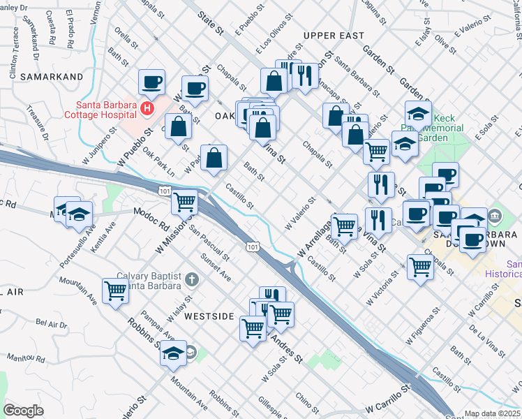 map of restaurants, bars, coffee shops, grocery stores, and more near 334 West Islay Street in Santa Barbara