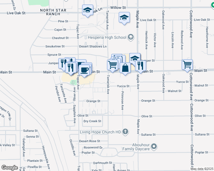 map of restaurants, bars, coffee shops, grocery stores, and more near 12279 Yucca Street in Hesperia
