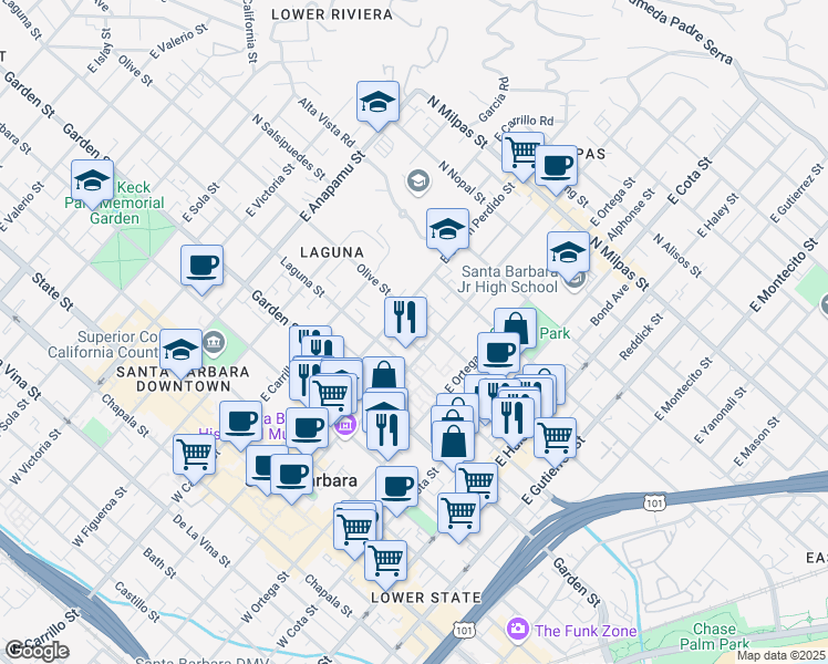 map of restaurants, bars, coffee shops, grocery stores, and more near 817 Olive St in Santa Barbara