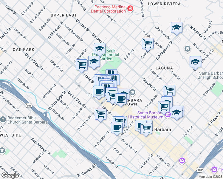 map of restaurants, bars, coffee shops, grocery stores, and more near 1316 State Street in Santa Barbara