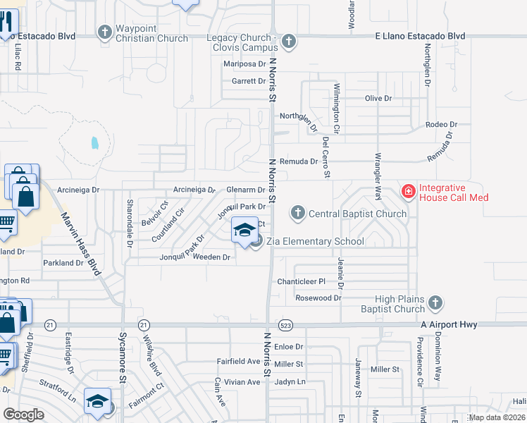 map of restaurants, bars, coffee shops, grocery stores, and more near 2125 Jonquil Park Drive in Clovis