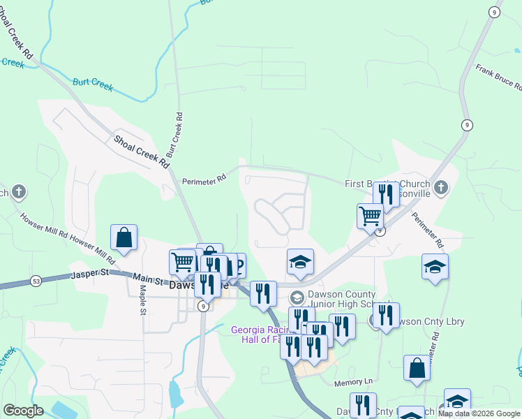 map of restaurants, bars, coffee shops, grocery stores, and more near 235 Orange Circle in Dawsonville