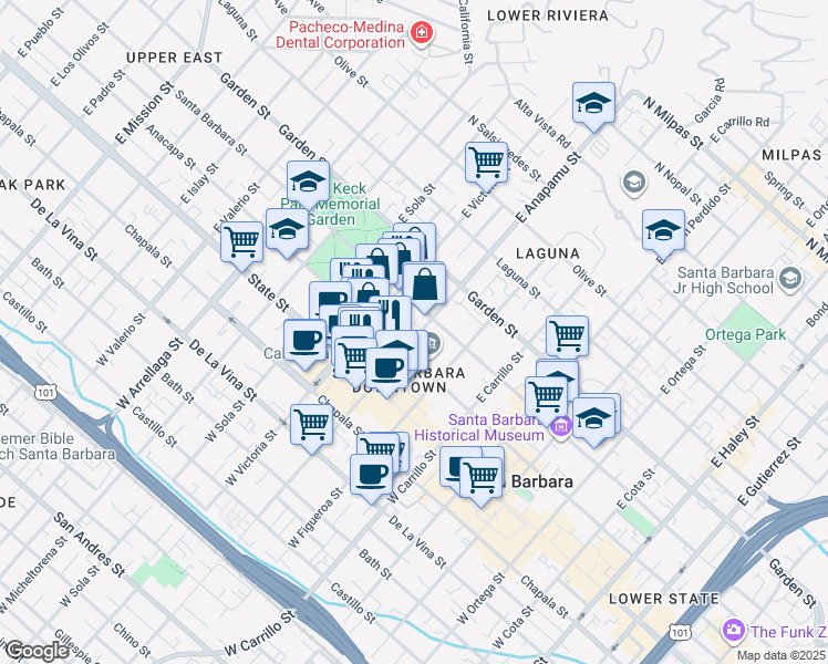 map of restaurants, bars, coffee shops, grocery stores, and more near 123 East Anapamu Street in Santa Barbara