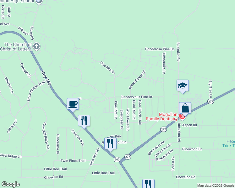 map of restaurants, bars, coffee shops, grocery stores, and more near 3611 Pine Rim Drive in Heber-Overgaard