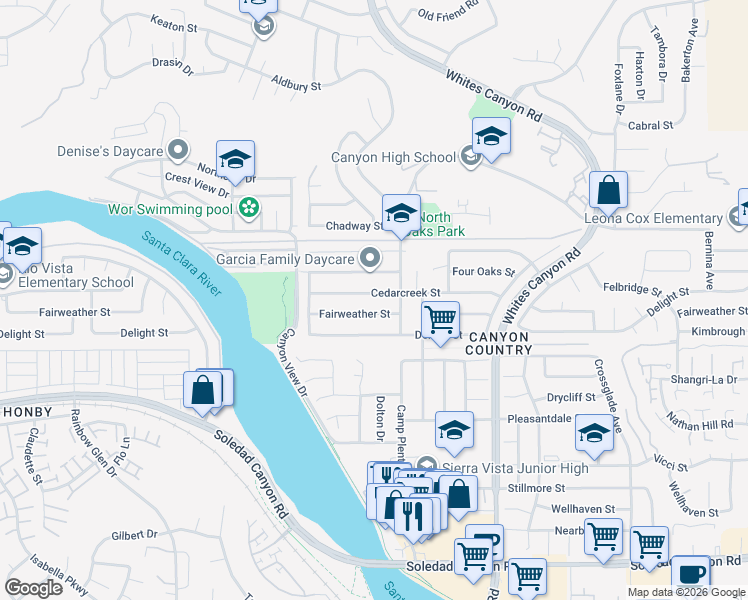 map of restaurants, bars, coffee shops, grocery stores, and more near 19532 Cedarcreek Street in Santa Clarita