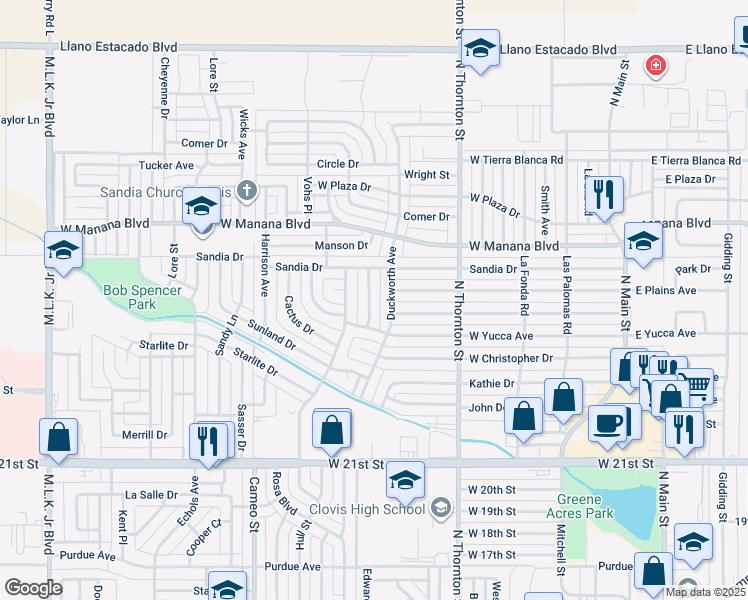 map of restaurants, bars, coffee shops, grocery stores, and more near 117 Westerfield Place in Clovis