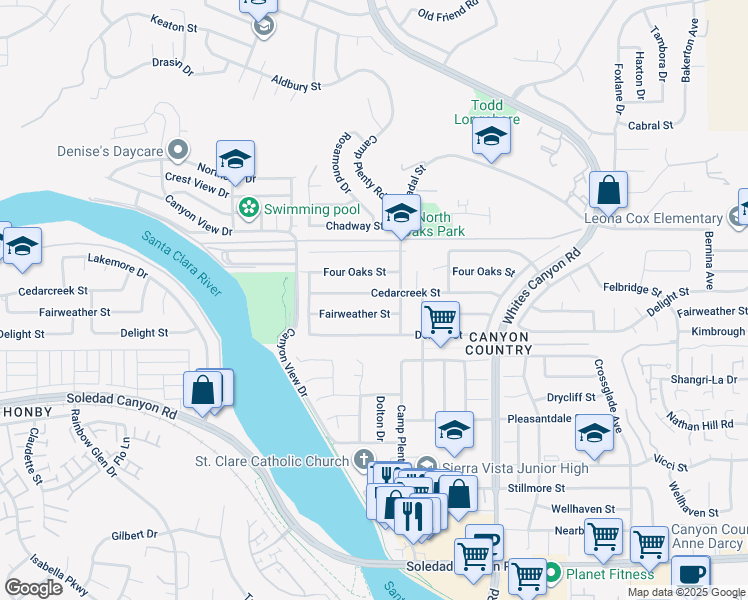 map of restaurants, bars, coffee shops, grocery stores, and more near 19532 Cedarcreek Street in Santa Clarita