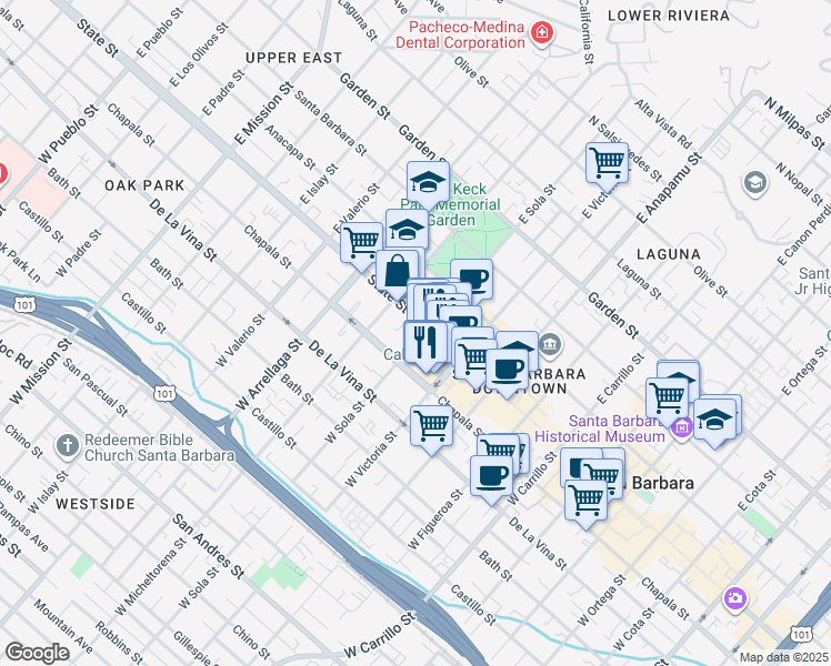 map of restaurants, bars, coffee shops, grocery stores, and more near 1401 State St in Santa Barbara