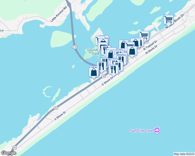 map of restaurants, bars, coffee shops, grocery stores, and more near 301 South Topsail Drive in Surf City