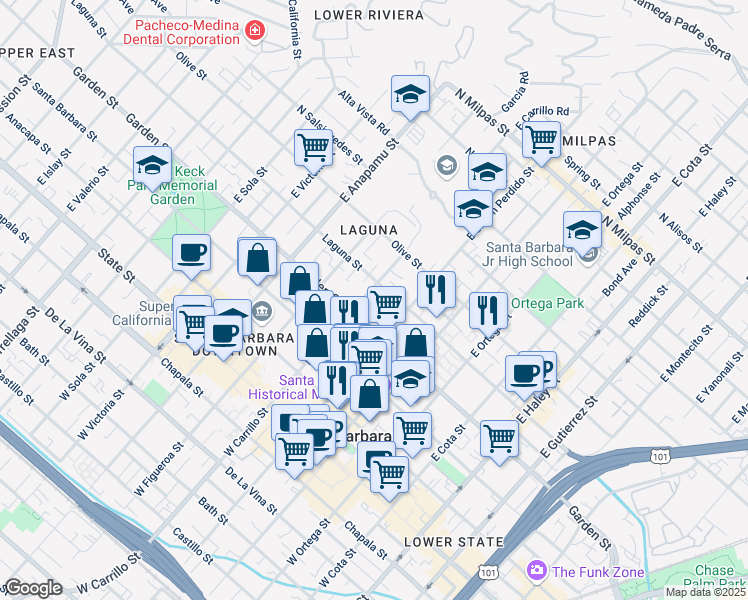 map of restaurants, bars, coffee shops, grocery stores, and more near 924 Laguna Street in Santa Barbara