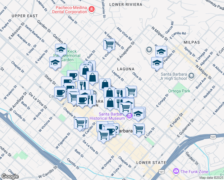 map of restaurants, bars, coffee shops, grocery stores, and more near 224 East Figueroa Street in Santa Barbara
