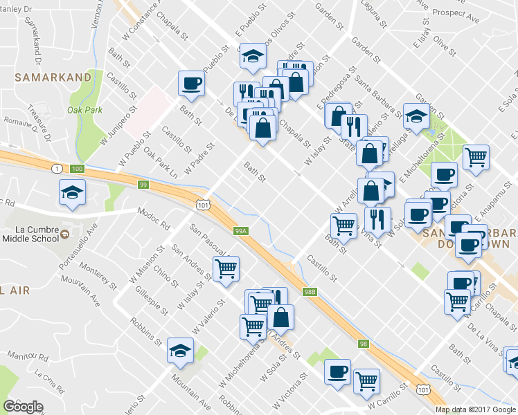 map of restaurants, bars, coffee shops, grocery stores, and more near 334 West Islay Street in Santa Barbara