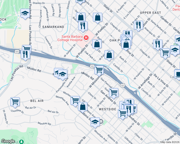 map of restaurants, bars, coffee shops, grocery stores, and more near 2032 Oak Avenue in Santa Barbara