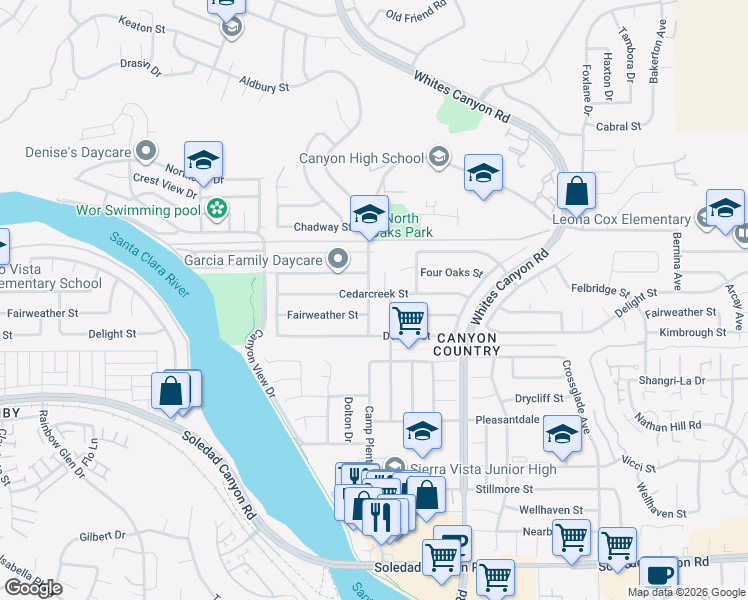 map of restaurants, bars, coffee shops, grocery stores, and more near 19452 Cedarcreek Street in Santa Clarita
