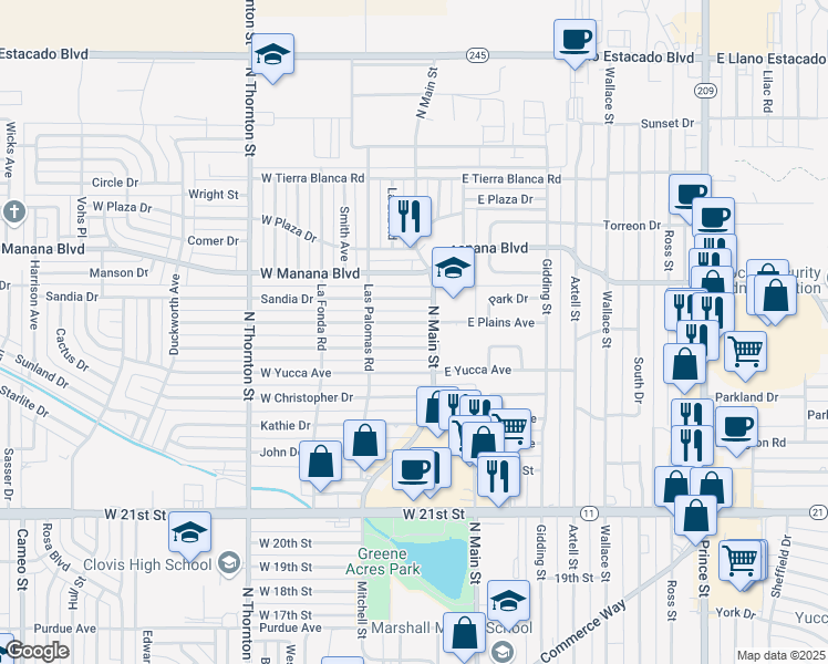 map of restaurants, bars, coffee shops, grocery stores, and more near 113 West Plains Avenue in Clovis