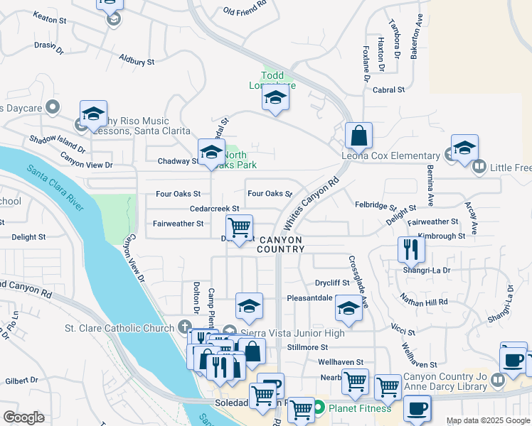 map of restaurants, bars, coffee shops, grocery stores, and more near 19330 Cedarcreek Street in Santa Clarita