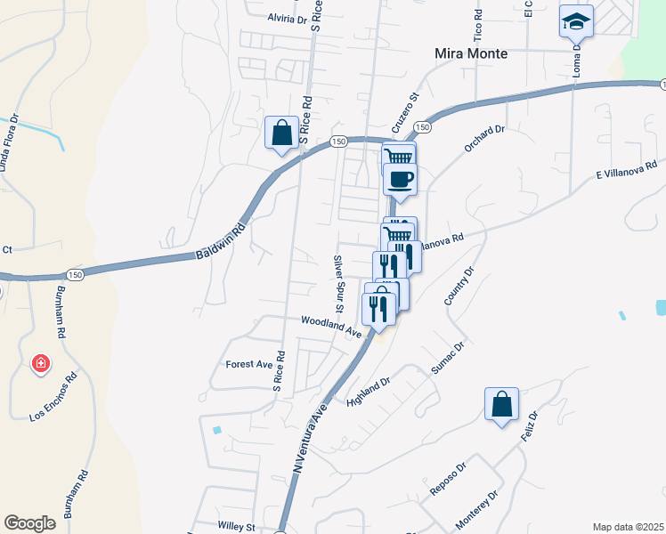 map of restaurants, bars, coffee shops, grocery stores, and more near 11881 Silver Spur Street in Ojai