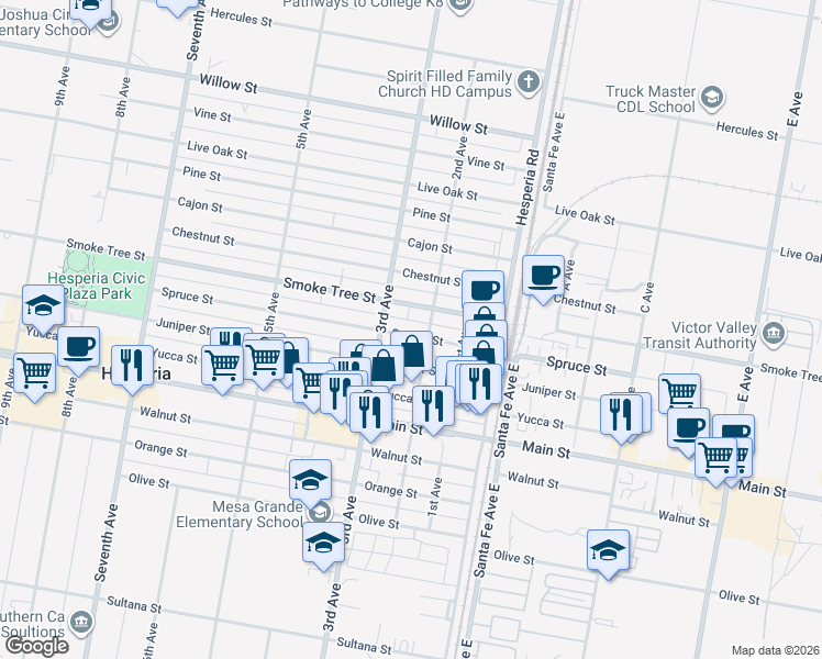 map of restaurants, bars, coffee shops, grocery stores, and more near 16410 Spruce Street in Hesperia