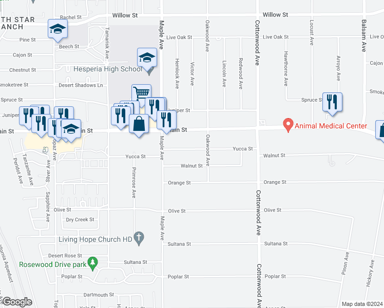 map of restaurants, bars, coffee shops, grocery stores, and more near 14611 Yucca Street in Hesperia