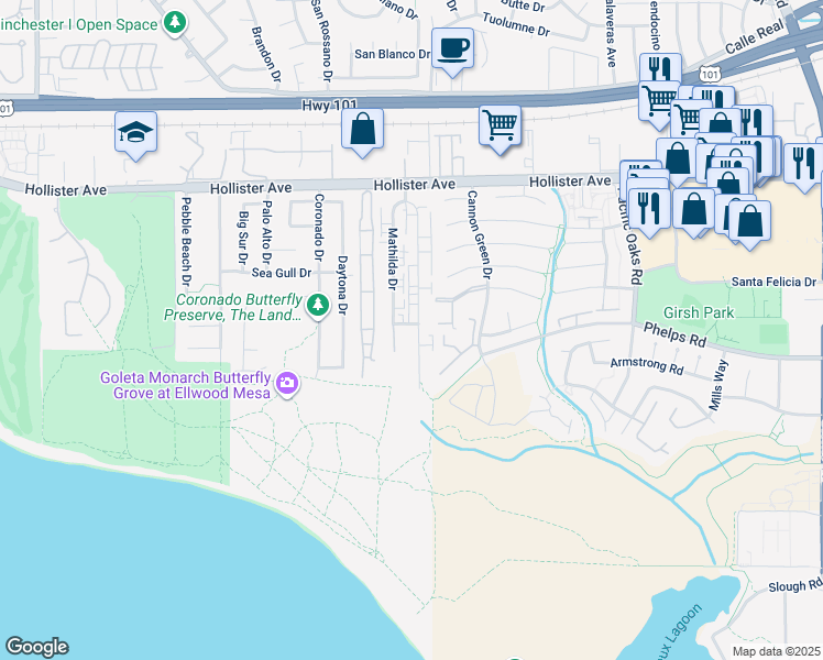 map of restaurants, bars, coffee shops, grocery stores, and more near 401 Ellwood Beach Drive in Goleta