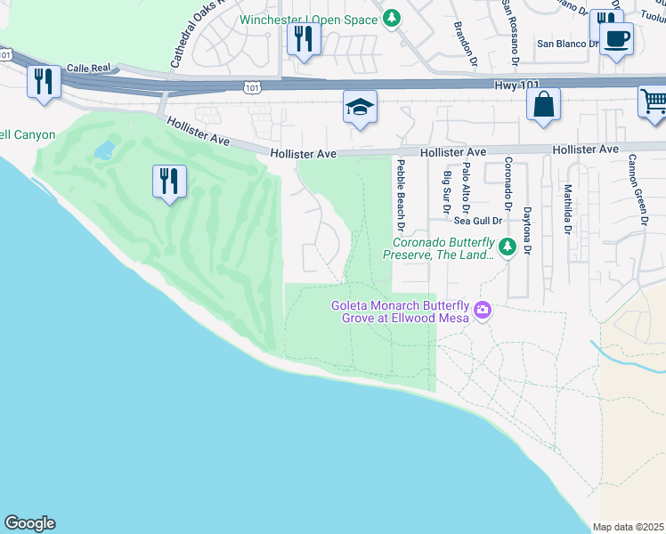 map of restaurants, bars, coffee shops, grocery stores, and more near 7702 Kestrel Lane in Goleta