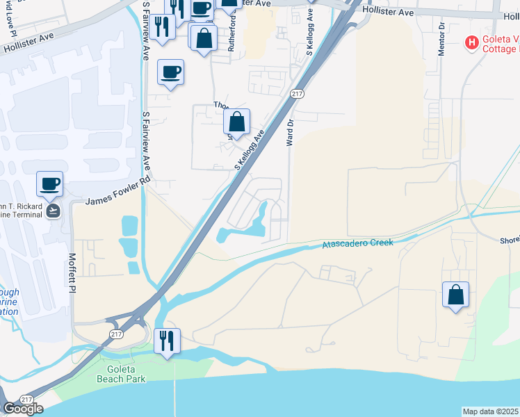 map of restaurants, bars, coffee shops, grocery stores, and more near Unnamed Road in Goleta