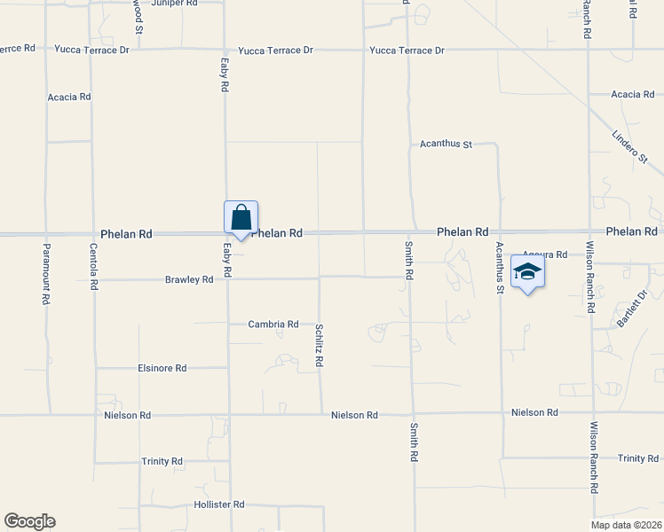 map of restaurants, bars, coffee shops, grocery stores, and more near 5932 Brawley Road in Phelan