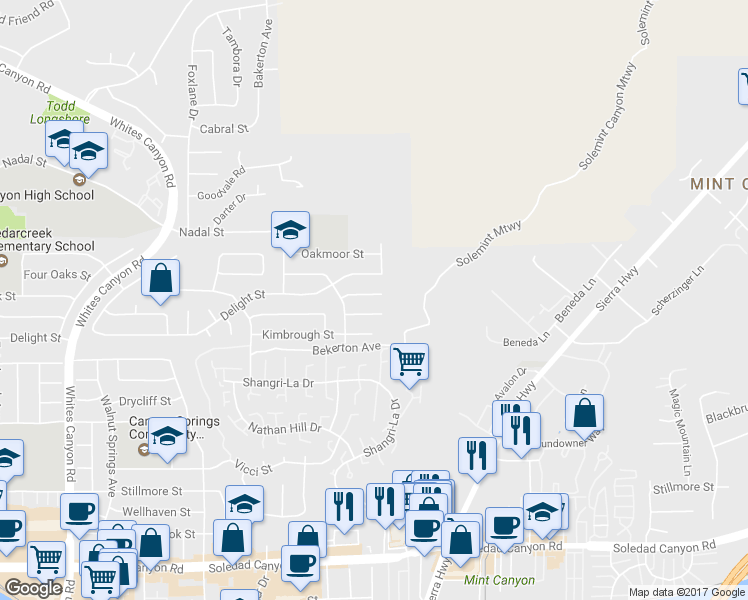 map of restaurants, bars, coffee shops, grocery stores, and more near 18510 Ironshire Street in Santa Clarita