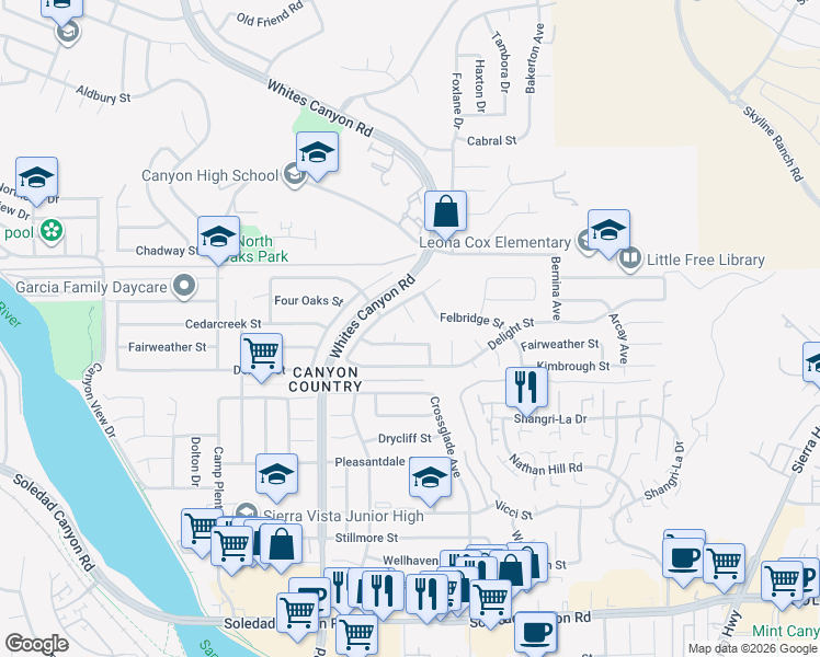 map of restaurants, bars, coffee shops, grocery stores, and more near 19006 Bagby Drive in Santa Clarita