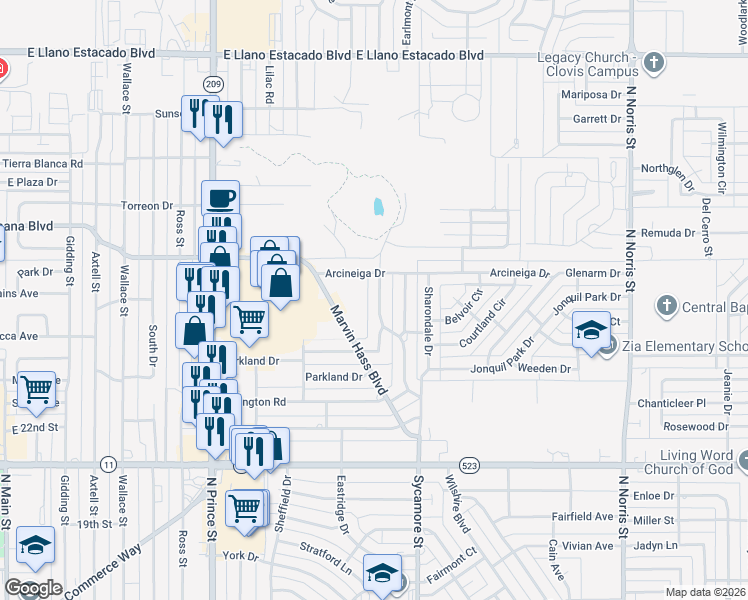 map of restaurants, bars, coffee shops, grocery stores, and more near 1312 Concord Road in Clovis