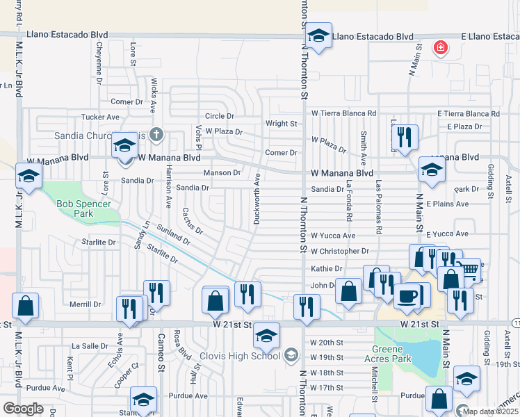 map of restaurants, bars, coffee shops, grocery stores, and more near 912 Prairieview Drive in Clovis