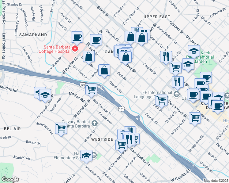 map of restaurants, bars, coffee shops, grocery stores, and more near 407 West Pedregosa Street in Santa Barbara