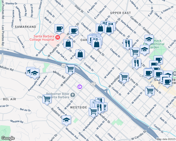 map of restaurants, bars, coffee shops, grocery stores, and more near 407 West Pedregosa Street in Santa Barbara