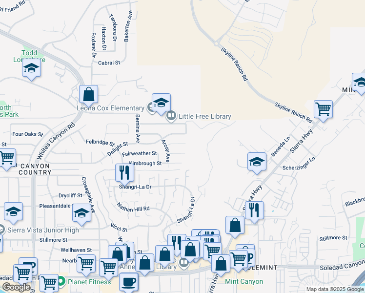 map of restaurants, bars, coffee shops, grocery stores, and more near 18510 Ironshire Street in Santa Clarita