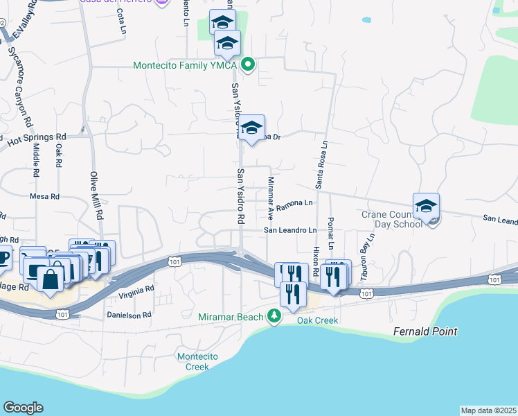 map of restaurants, bars, coffee shops, grocery stores, and more near 1520 Willina Lane in Montecito