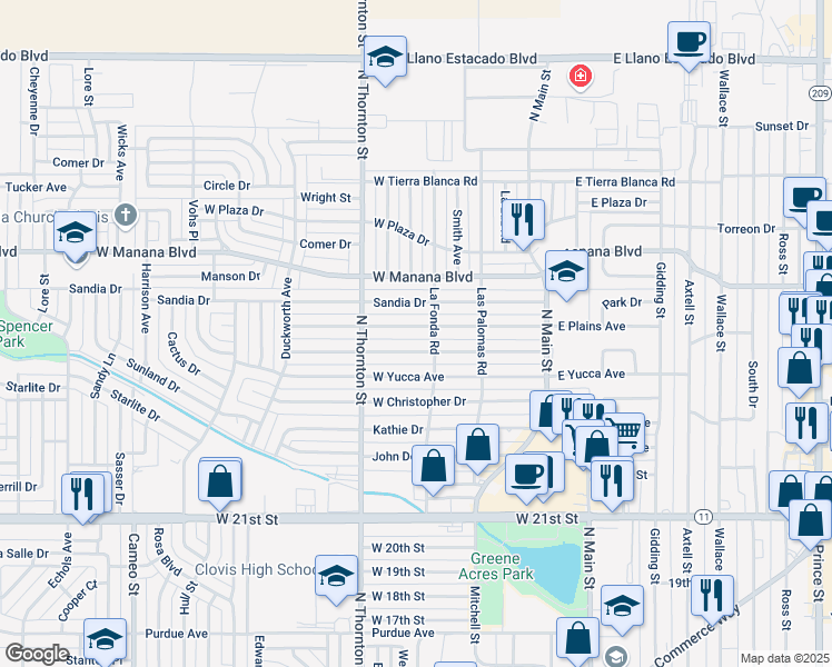 map of restaurants, bars, coffee shops, grocery stores, and more near 509 West Plains Avenue in Clovis
